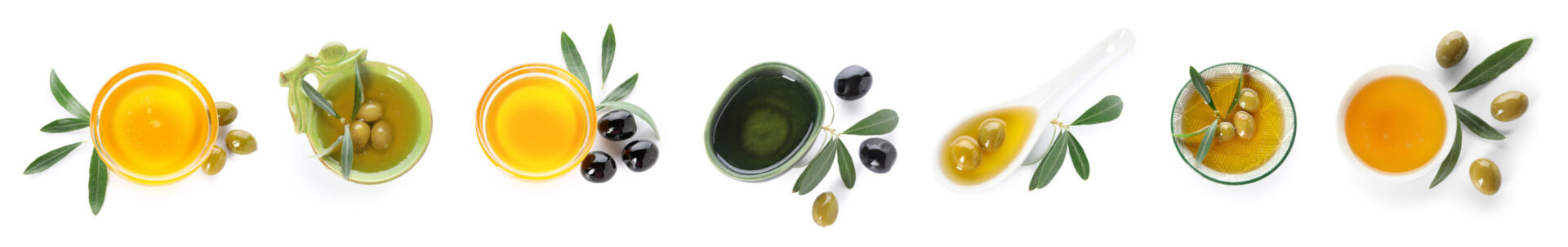 Set of olive oil on white background, top view